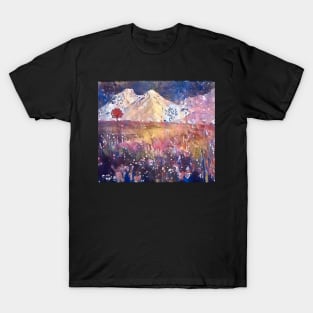 Abstract Flower field in the Mountains Still Life of a lonely tree T-Shirt